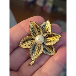 Damascene Flower Brooch Vintage Spain Faux Pearl Center